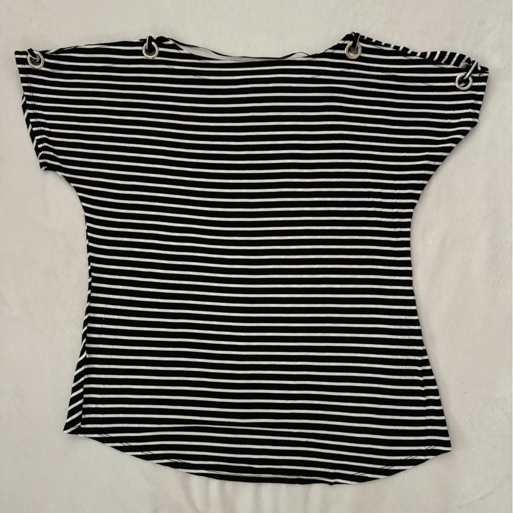 Cable & Gauge Black/White Striped Cold Shoulder Top, Size M